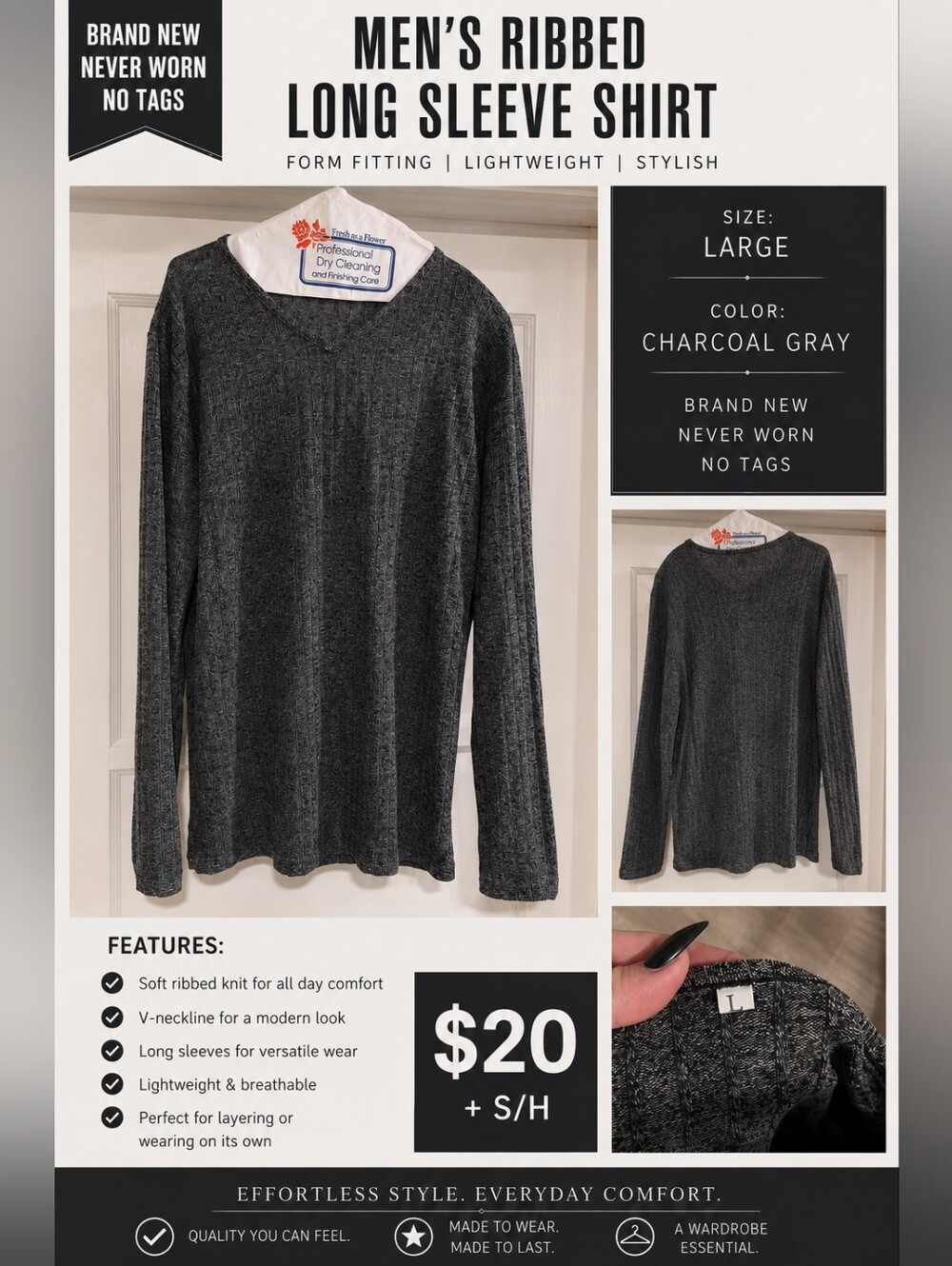Charcoal Gray Men's Ribbed Long Sleeve Shirt - Large